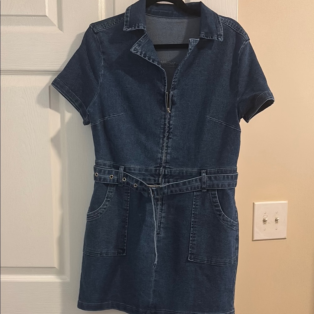 Denim Short Sleeve Zip-Front Dress with Belt - Dark Blue